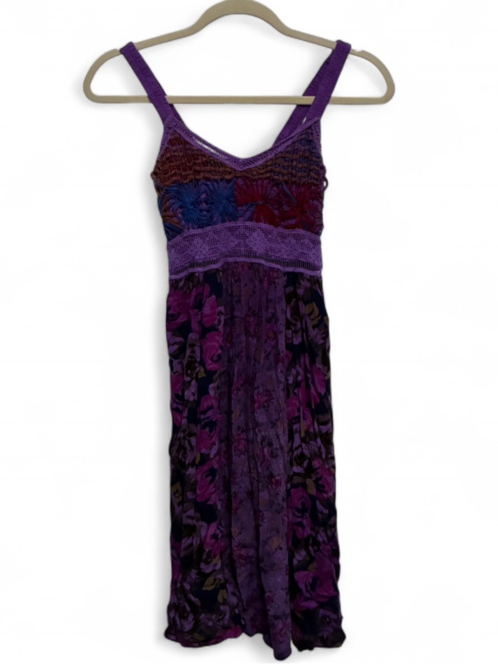 Y2K Purple Patchwork Floral Crochet-Detail Mini Dress